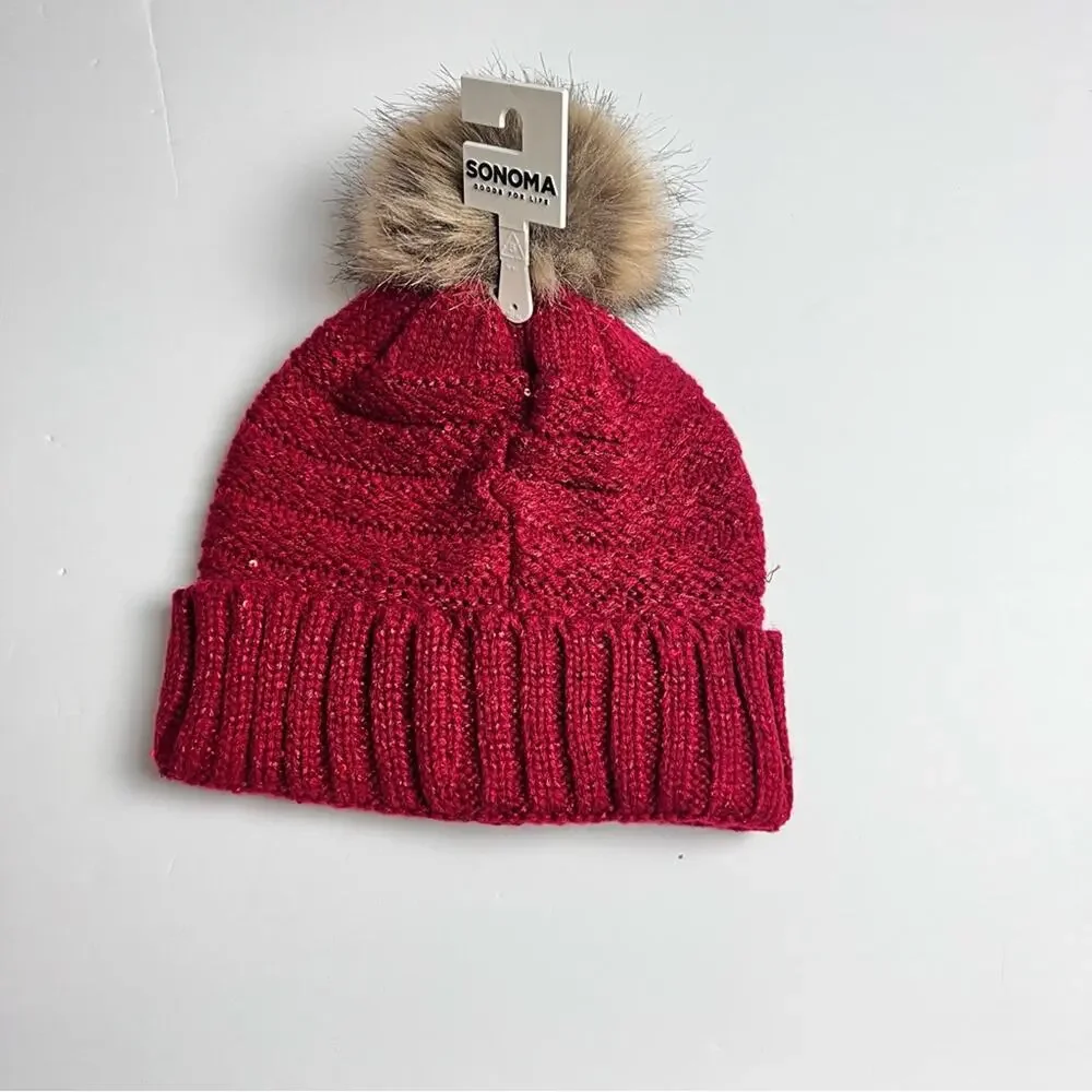 Sonoma Women's Red Supercozy Winter Beanie Pompom Hat